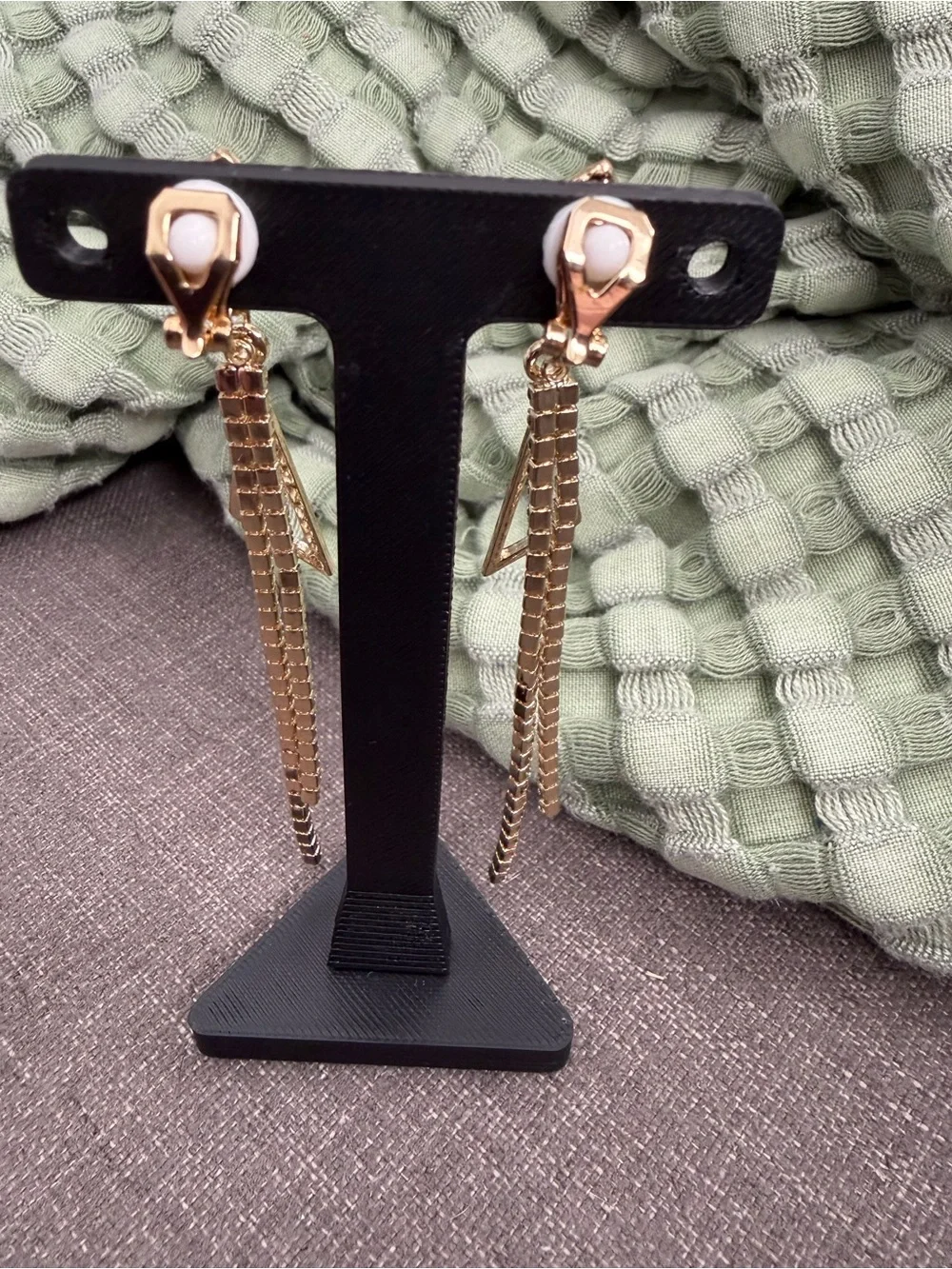 Gold Tone Geometric Rhinestone Tassel Clip-On Earrings